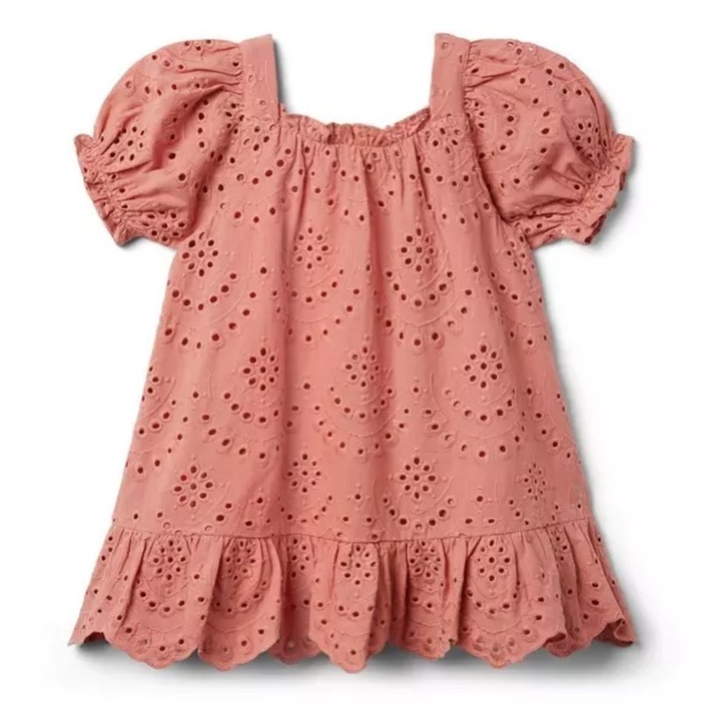 Janie and Jack Eyelet Puff Sleeve Dress in Desert Sand Size 6